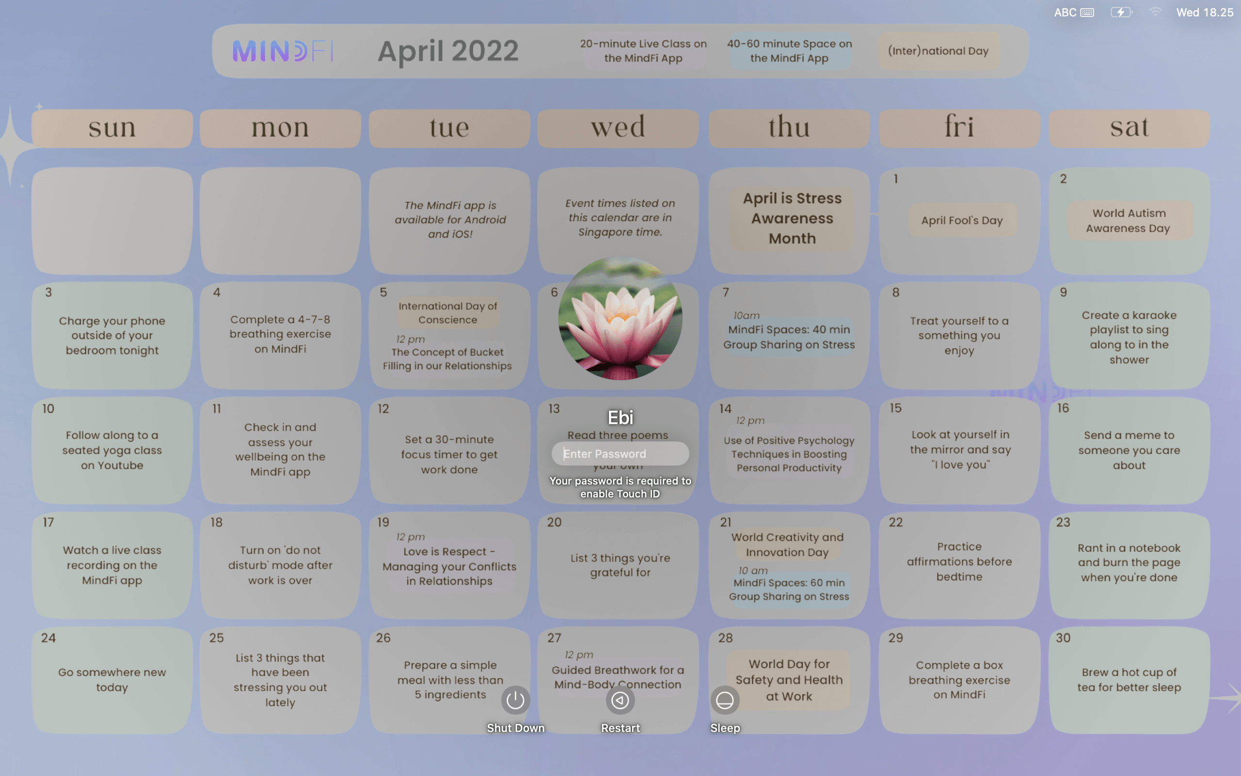 April Wellbeing Mental Health Calendar Downloadable